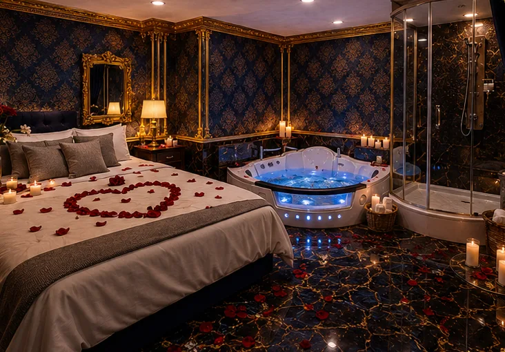 Versailles Jacuzzi room set up for couples with rose petals on the bed