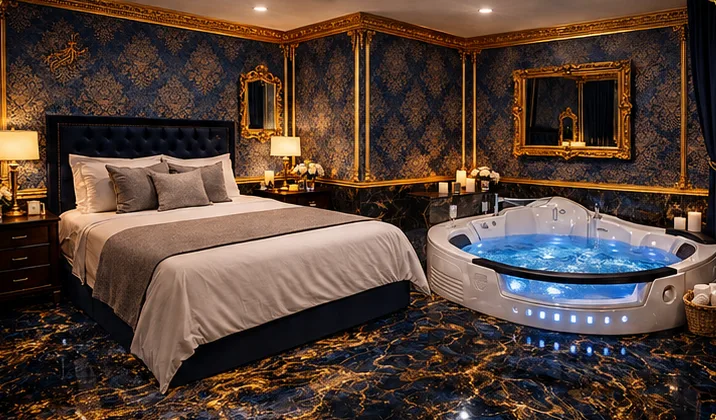 Versailles Deluxe room with king-size bed, mirrors and a corner jacuzzi