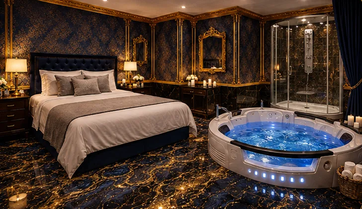 Versailles Jacuzzi room with king-size bed, private jacuzzi and glass shower