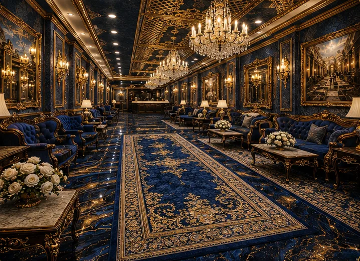 Versailles Massage reception lounge with chandeliers, blue sofas and gold mirrors